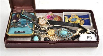 Lot 59 - A jet half albert, three wristwatches, a cultured pearl necklace, pendants, brooches, etc