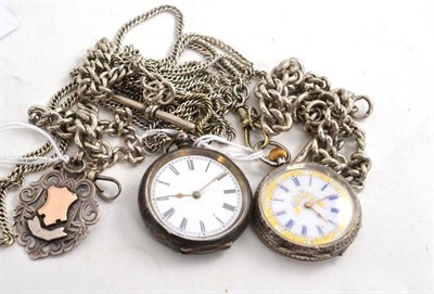 Lot 66 - Two Continental fob watches, silver fob and two silver Albert chains