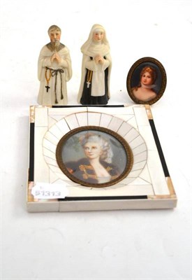 Lot 69 - Framed portrait miniature in piano key frame, a gilt metal framed oval portrait of a lady, two...