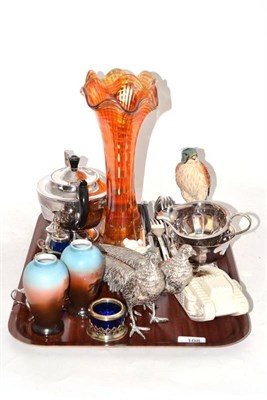Lot 108 - Quantity of assorted silver plate, Carnival glass, Beswick kestral, crested tank, etc