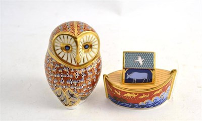 Lot 112 - Royal Crown Derby Imari paperweight figures of an owl and another of Noah's Ark (2) and boxes