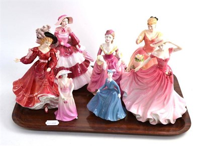 Lot 130 - Three Royal Doulton figures, pair of small Coalport figures and two larger examples