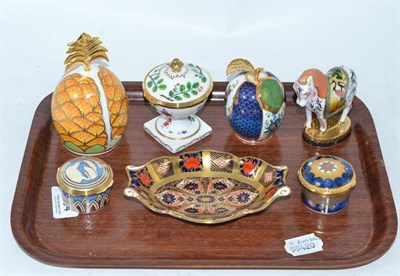 Lot 134 - Royal Crown Derby oval Imari dish, two Royal Worcester hinged circular boxes 'Blue Glade',...