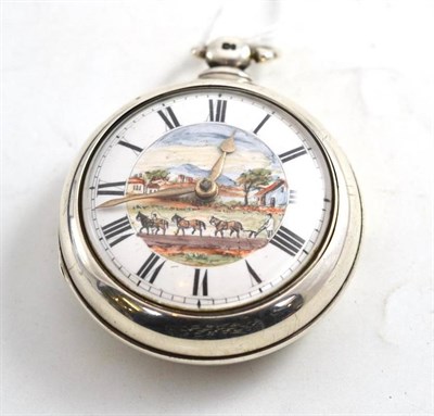Lot 166 - A silver pair cased pocket watch with painted ploughing scene to the dial, verge movement signed WM