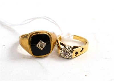 Lot 167 - A 9ct gold diamond ring and a 9ct gold diamond and onyx set signet ring