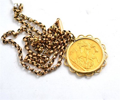 Lot 169 - A 1911 full sovereign loose mounted as a pendant on a belcher link chain, stamped '9c'