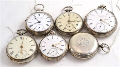 Lot 177 - Five silver open faced pocket watches and one full hunter silver pocket watch (6)