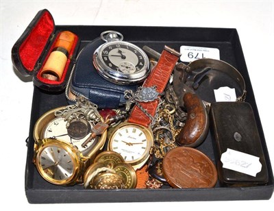 Lot 179 - A bracelet with links stamped '375', three wristwatches, two pocket watches, silver bangle,...