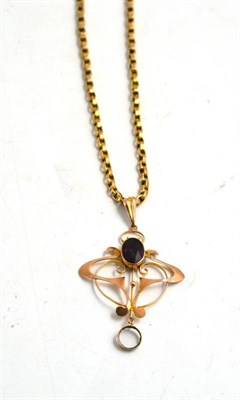 Lot 180 - An amethyst set Art Nouveau pendant on a belcher chain (one amethyst loose)