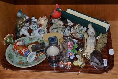 Lot 220 - A tray of assorted miniature ornaments, modern coins, pair of Samson dog figures, Canton plate etc