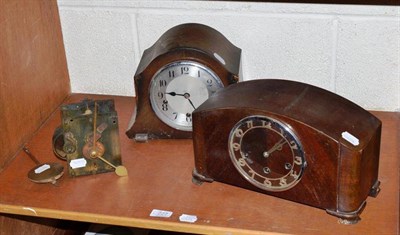 Lot 227 - Two chiming mantel clocks, fusee movement, wheel barometer case and a striking wall clock