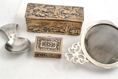 Lot 238 - Silver hinged rectangular box decorated with hunting scene, Keswick School caddy spoon, silver...