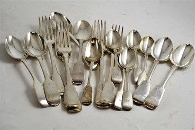 Lot 250 - Six fiddle pattern table forks, six dessert spoons and six teaspoons