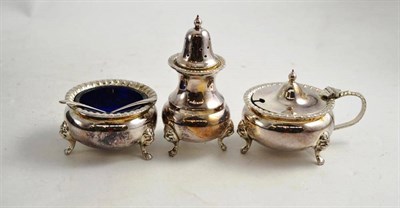 Lot 251 - Silver pepperette mustard pot and salt with two plated spoons