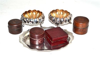 Lot 254 - Oval silver dish, pair of plated lobed salts and four leather mounted travelling inkwells