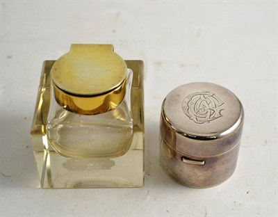 Lot 256 - Glass inkwell with silver mounts stamped Asprey and a silver mounted cylindrical inkwell (2)