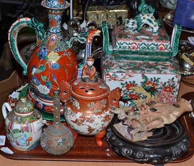 Lot 261 - A tray of Oriental ceramics including Chinese Canton teapot, soapstone figure, Japanese Koro etc