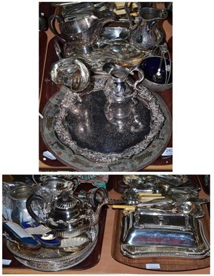 Lot 262 - Quantity of assorted silver plate, entrée dishes, tea servers, trays etc (on three trays)
