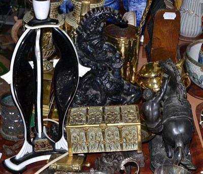 Lot 263 - A tray of metal wares, pair of brass vases, door stop and spelter Marley horse figure