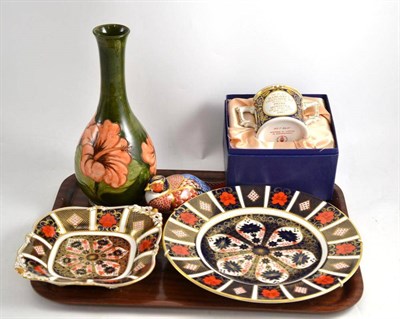 Lot 264 - A Moorcroft green ground vase, Royal Crown Derby plate, lozenge shape dish, paperweight and a...