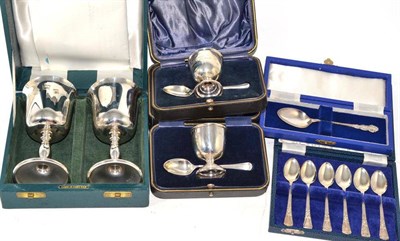 Lot 276 - Pair of modern silver goblets, six silver teaspoons, cased silver teaspoon and two Christening sets