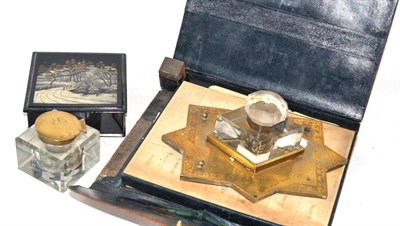 Lot 278 - A Samson and Morden writing set, a Russian lacquer box, an ink well and an inkstand