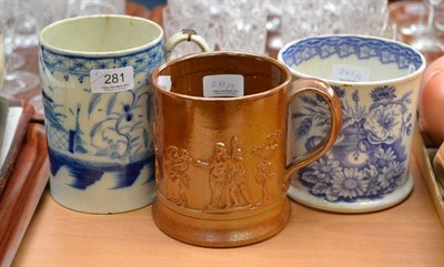 Lot 281 - A saltglaze stoneware mug, a Victorian printed mug and a pearlware mug (a.f.)