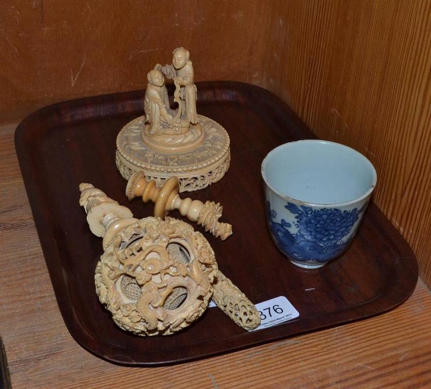 Lot 376 - Carved ivory puzzle ball (a.f.), two carved figures on a circular stand (a.f.), 18th century...
