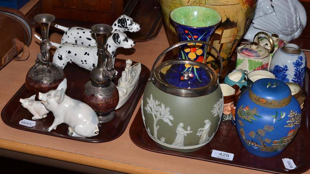 Lot 429 - Two Beswick Dalmatians and pigs, pair of vases, Wedgwood Jasperware biscuit barrel, Doulton...