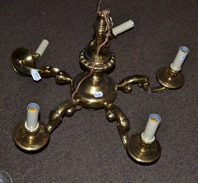 Lot 679 - Brass chandelier and matching pair of wall lights, pair of brass wall lights and two pairs of...