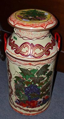 Lot 728 - A painted aluminium milk churn decorated with a Gypsy travelling scene including a caravan and...