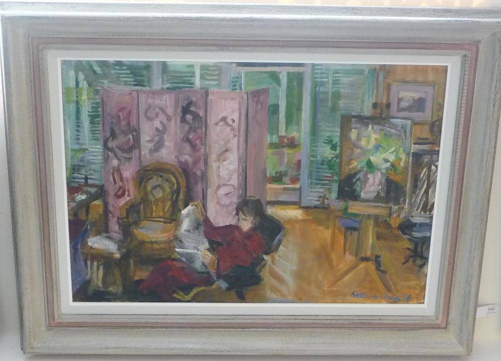 Lot 599 - Katherine Church (1910-1999) Figure reading in an artist's studio Signed and dated (19)88, oil...