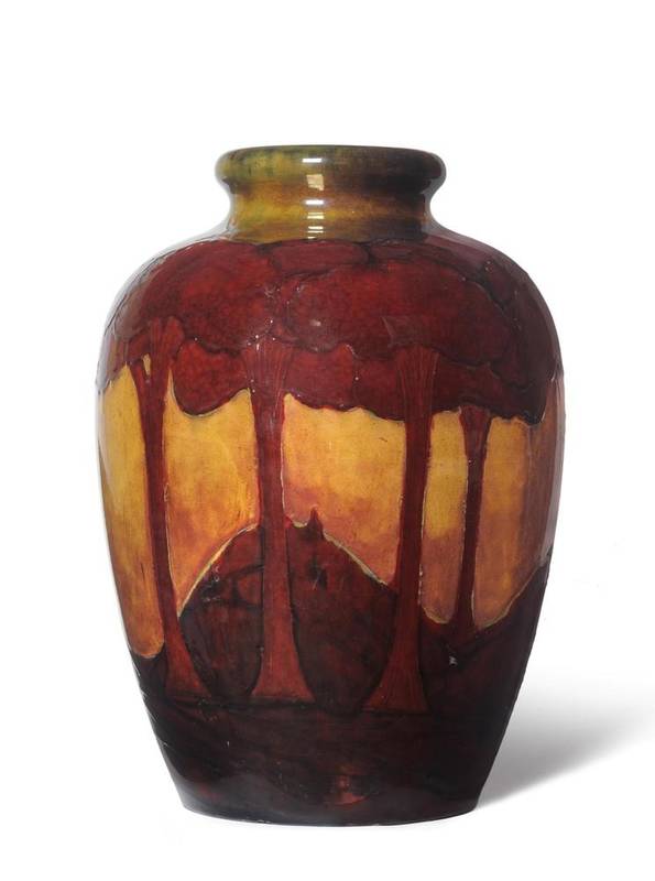 Lot 604 - A Monumental William Moorcroft Flambe Eventide Landscape Pattern Vase, 1928, of ovoid form with...