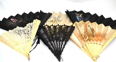Lot 15 - Three ebonised fans with lace or painted silk mounts; three late 19th century bone and ivory...