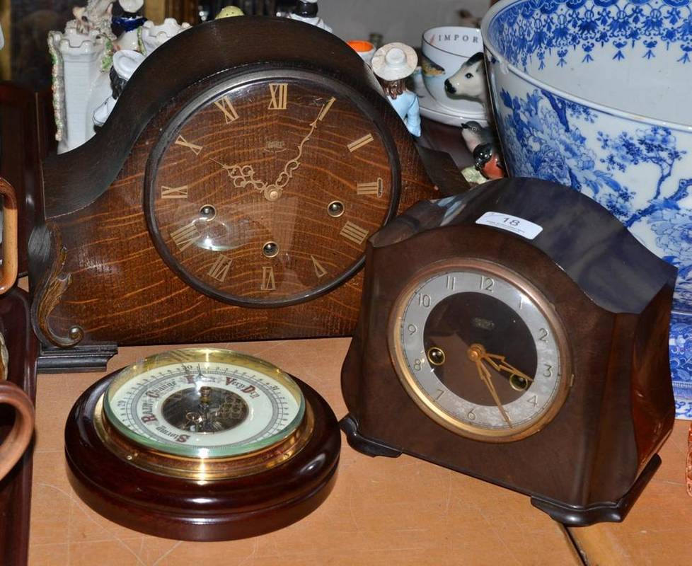 Lot 18 - A chiming mantel clock, Bakelite mantel clock and an aneroid barometer
