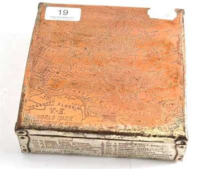 Lot 19 - A 'V E World War II Battlefields of Europe' cigarette box engraved with a map of Europe with a list