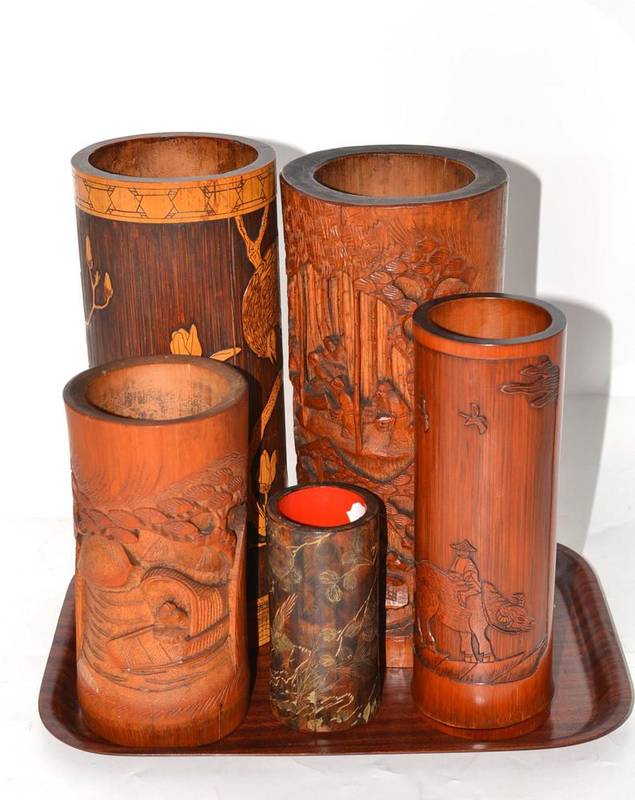 Lot 33 - Five Chinese bamboo brush pots