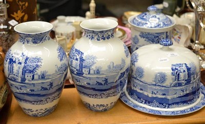 Lot 39 - A Spode Italian pattern cheese dish and cover, biscuit jar and cover and a pair of baluster vases