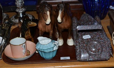 Lot 54 - A vintage Bakelite model of a sports car, two Beswick shires, two others, a Faley milk jug and...