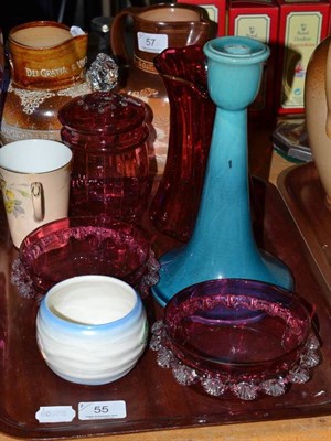 Lot 55 - Cranberry glass jug, jar and cover and two dishes, turquoise glaze pottery candlestick, Clarice...