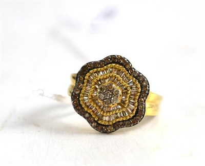 Lot 69 - A 9ct gold cognac diamond floral cluster ring, with blackened setting