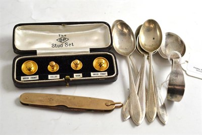 Lot 71 - A 9ct gold mounted pen knife, four 9ct gold dress studs and silver flatware