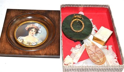 Lot 72 - A nephrite and gilt metal photograph frame, a miniature of a young woman, mother-of-pearl...
