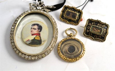 Lot 88 - Three mourning brooches, and a past set oval frame enclosing portrait miniature on Napoleon
