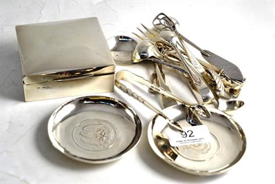 Lot 92 - A quantity of silver including cigarette box, two dishes, salt spoons etc