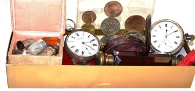 Lot 101 - Three silver cased pocket watches, a scent bottle, a set of studs, thimbles etc (quantity)