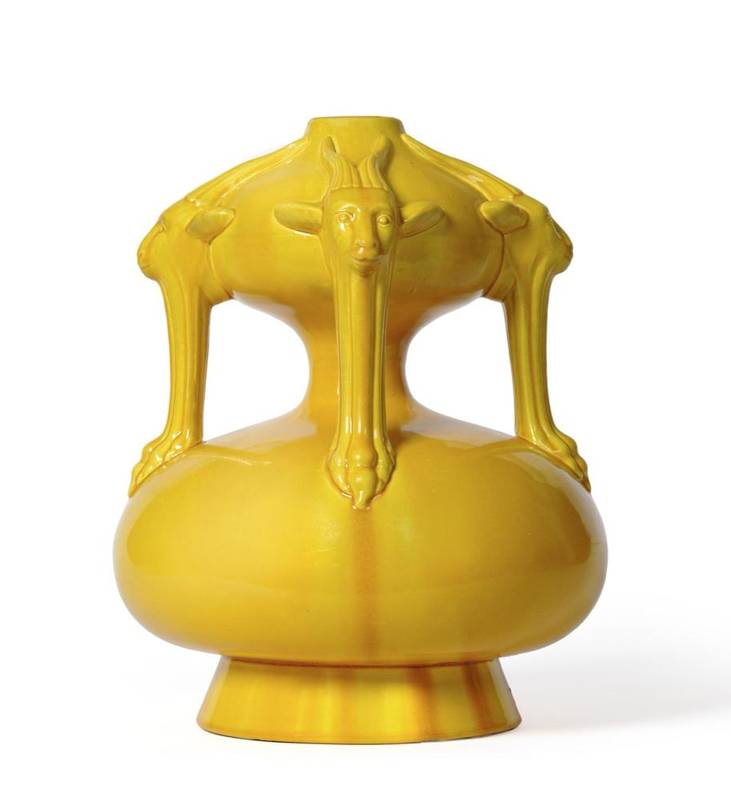 Lot 617 - An Ault Pottery Goat's Head Vase, designed by Christopher Dresser, circa 1893, of compressed...