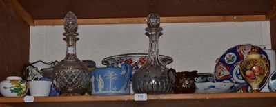 Lot 116 - A pottery pedestal fruit bowl, Imari plates, cut glass decanters and stoppers, Jasperware...