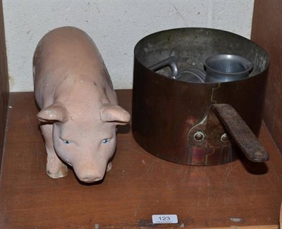 Lot 123 - A papier mache model pig, a copper pan and two Chinese pewter mugs