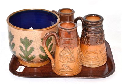 Lot 132 - Three Doulton stoneware sprigged measures and a Doulton jardiniere